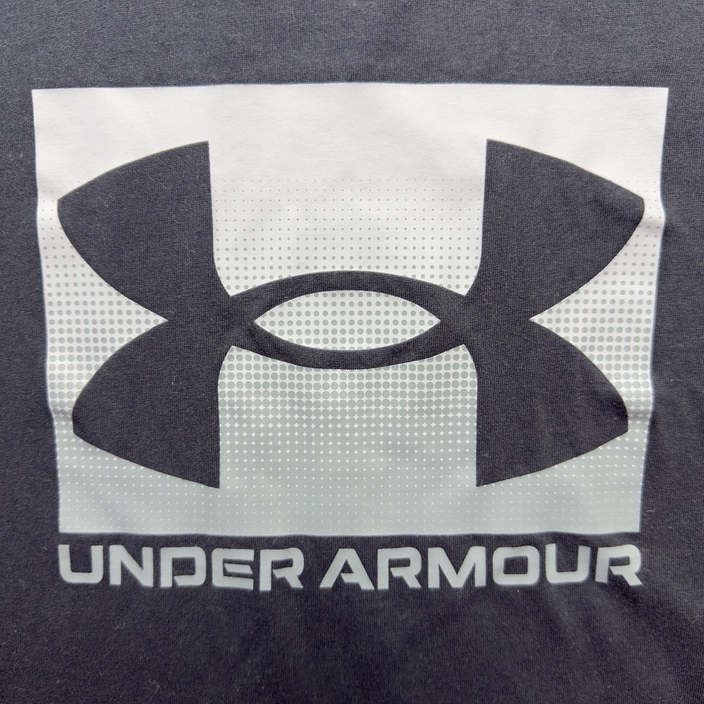 Under Armour T-Shirt Mens Large Black Gray Boxed Logo Loose Fit Short Sleeve Tee - Picture 4 of 5